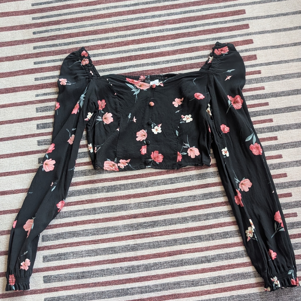 H&M Black Floral Blouse with Pink Accents